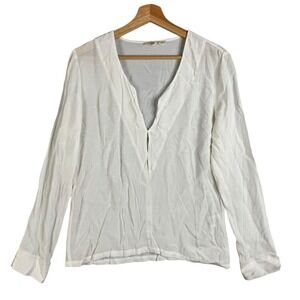 Maje E15 Liane White V-Neck Long Sleeve Sheer Pullover Top Size 2 Casual Blouse